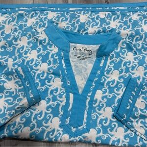 Coral Bay Octopus Print Top Size L Women's Long‎ Sleeve Turqoise Blue Stretch